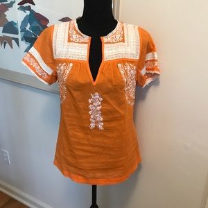 Vintage Tory Burch White Lace & Embroidered Floral Details Orange Top Sz S